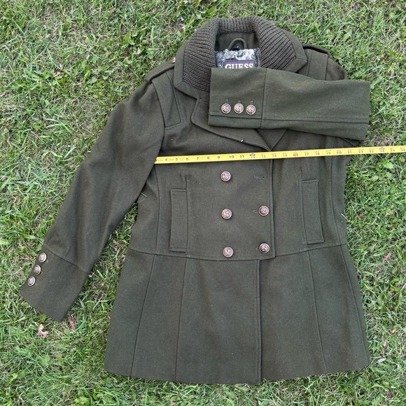 Guess Olive Green Wool Blend Double Breasted Pea Coat Womens XL *Button Missing* - Picture 5 of 10